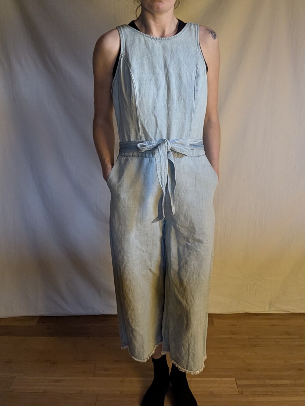 Abercrombie & Fitch Light Blue Sleeveless Denim Jumpsuit with Tie Waist